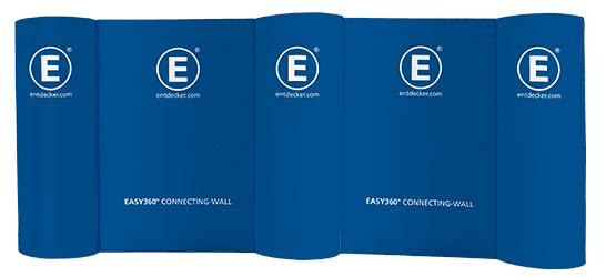 Messestand Easy360 Oval Connecting Wall mit zwei Wänden in Blau, mit dem Logo von ENTDECKER.