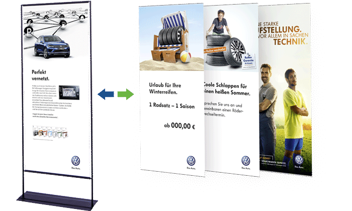 Roll-Up Easymag Stand mit drei wechselbaren Bannern: VW Auto, Reifenangebot und Sommeraktion.