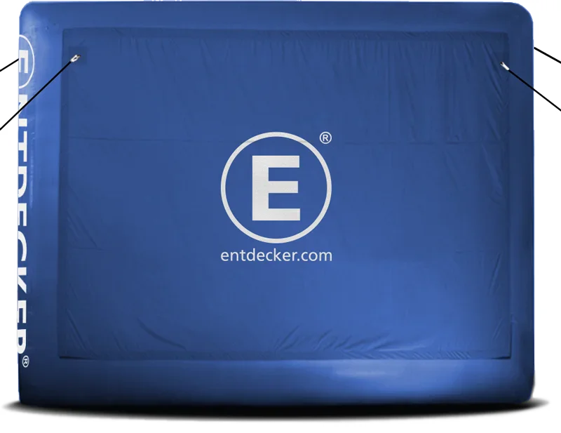 Blaue Ventowand mit dem Logo 'E' und der Website 'entdecker.com' in der Mitte.