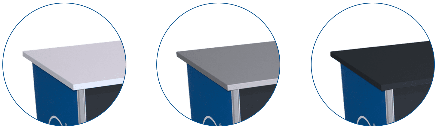 Drei Varianten der Thekenplatte für die Messetheke Quickup Falttheke Premium in Weiß, Grau und Schwarz.