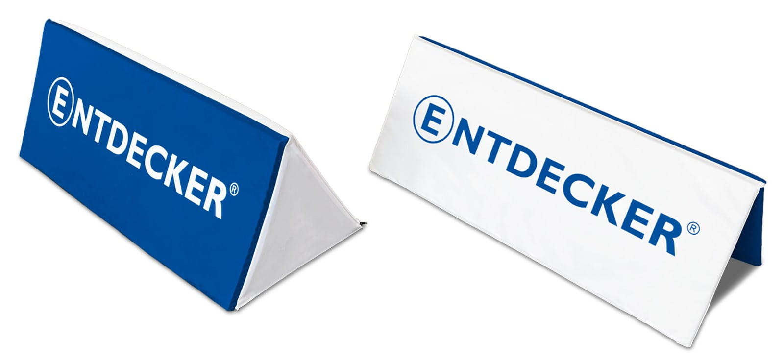 Faltbare Softbande in Blau und Weiß mit dem Schriftzug 'ENTDECKER' auf beiden Seiten.