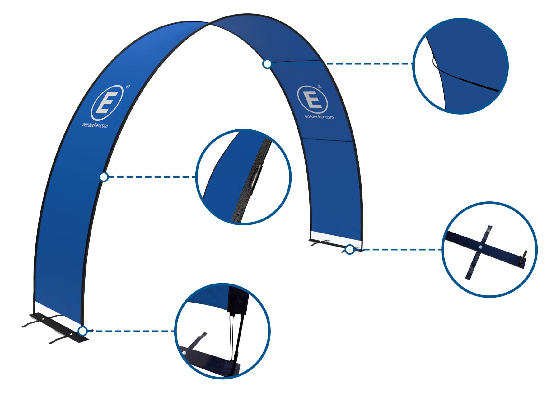 Eventbogen Details von ENTDECKER, blauer Bogen mit verschiedenen Ansichten der Struktur und Befestigungen.