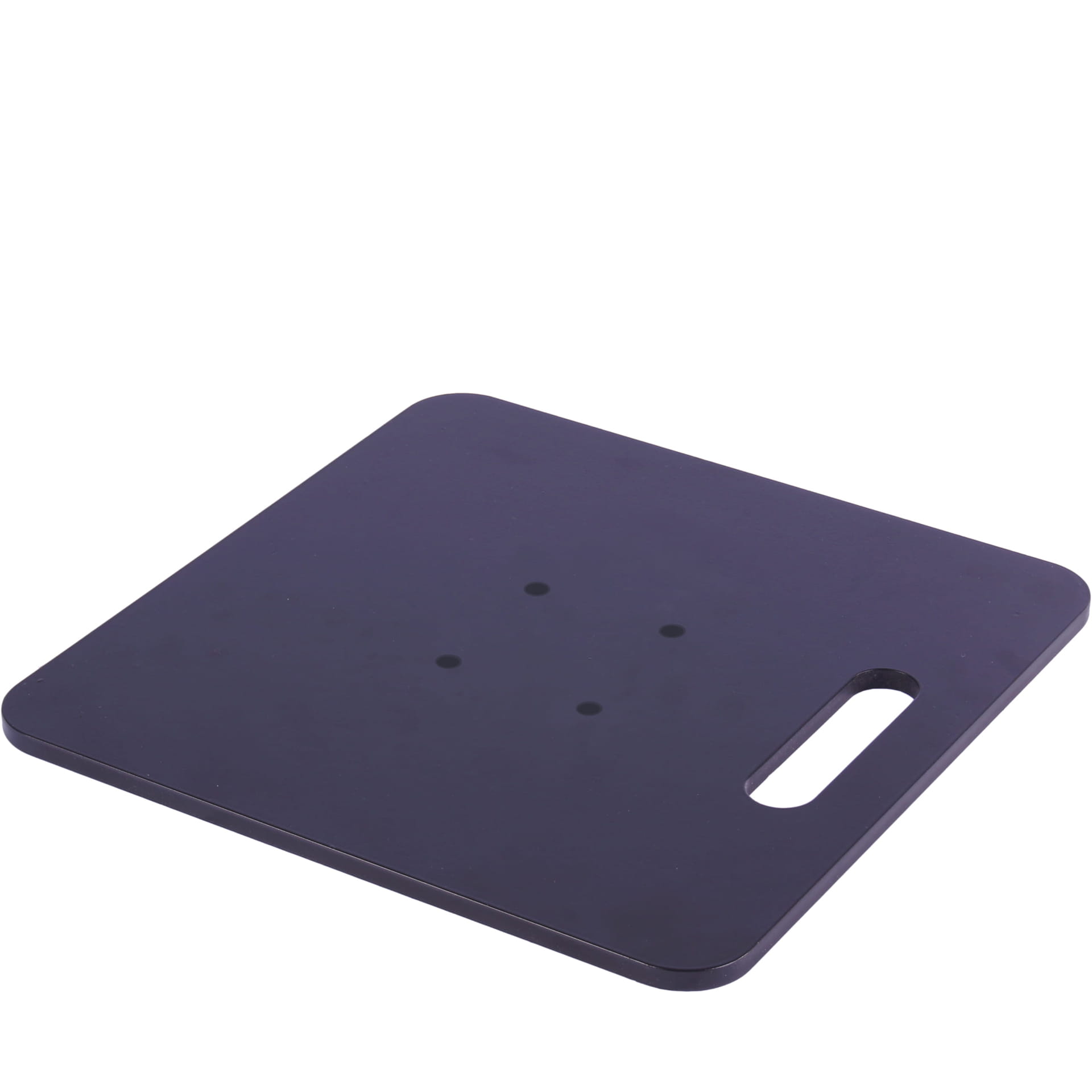Bodenplatte für Beachflags, 9 kg, quadratisch, schwarz, mit Griff und Löchern zur Befestigung.