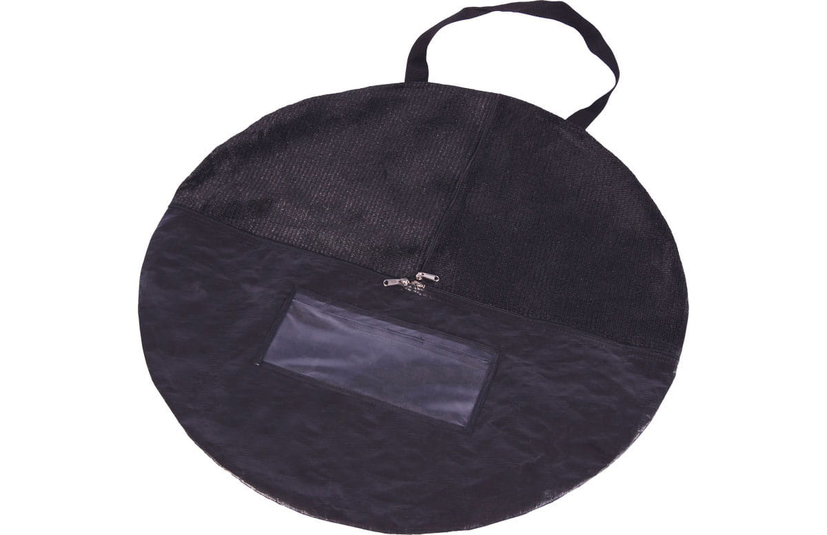 Schwarze, runde Tasche mit Reißverschluss und transparentem Sichtfenster, geeignet für die Werbebande Quickboard.