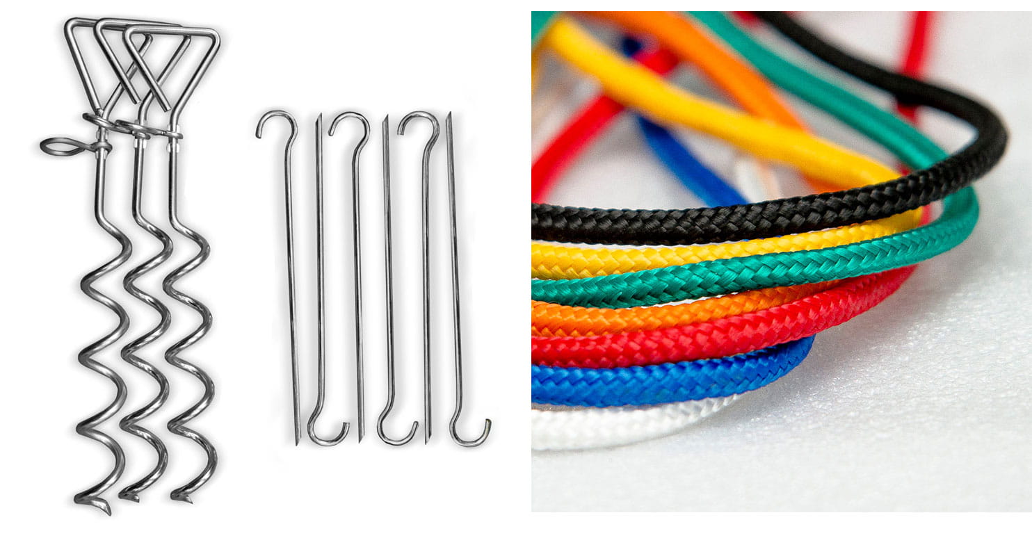 Vento Montage Set mit Heringe und Abspannseilen in verschiedenen Farben.