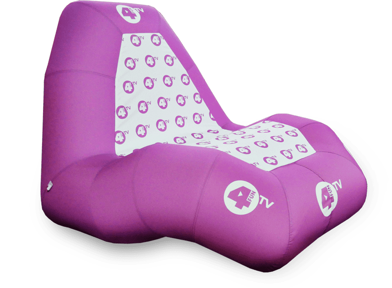 Vento Stuhl Fotel 4 Fun TV, ein pinkfarbener, gepolsterter Sitzsack mit weißen Logos.