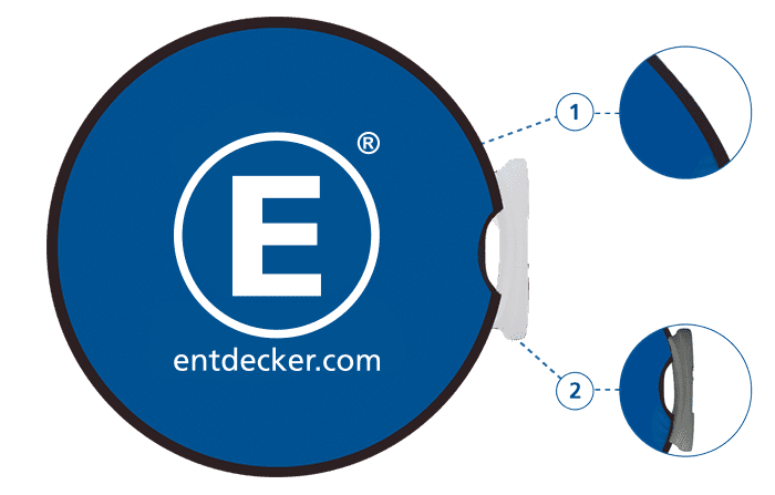 Detailansicht des Werbedisplays Easydisc Flex von ENTDECKER, zeigt Logo und Kantenstruktur.
