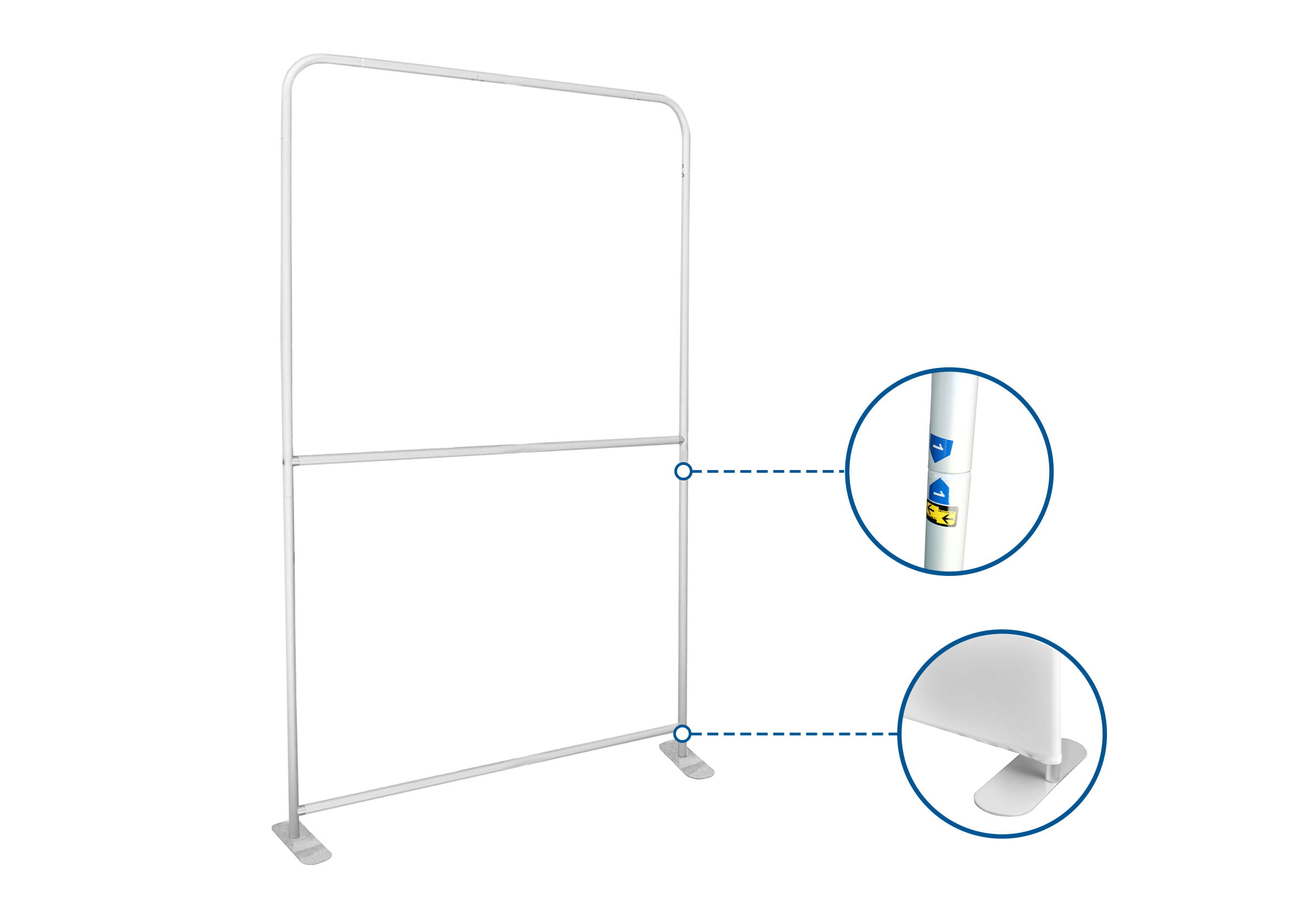 Zipper Wall Messewand Rahmen von ENTDECKER, aus weißem Metall mit stabilen Füßen und einem horizontalen Querbalken.