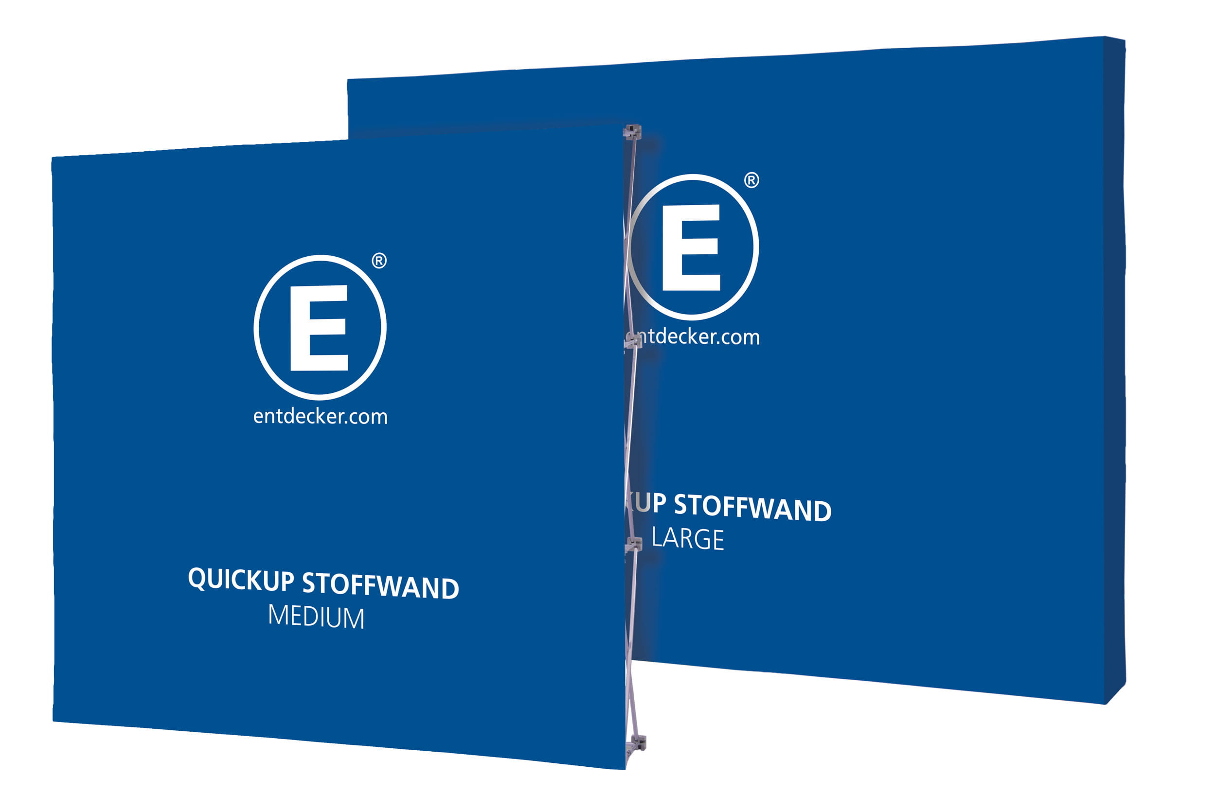 Messewand Quickup Stoffwand Medium und Large in Blau mit dem Logo von ENTDECKER.
