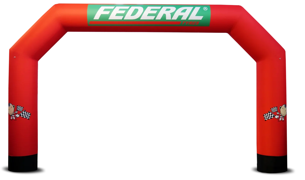 Aufblasbarer Zielbogen 'Vento Tor Federal' in Rot mit dem Schriftzug 'FEDERAL' und zwei Rennflaggen-Motiven.