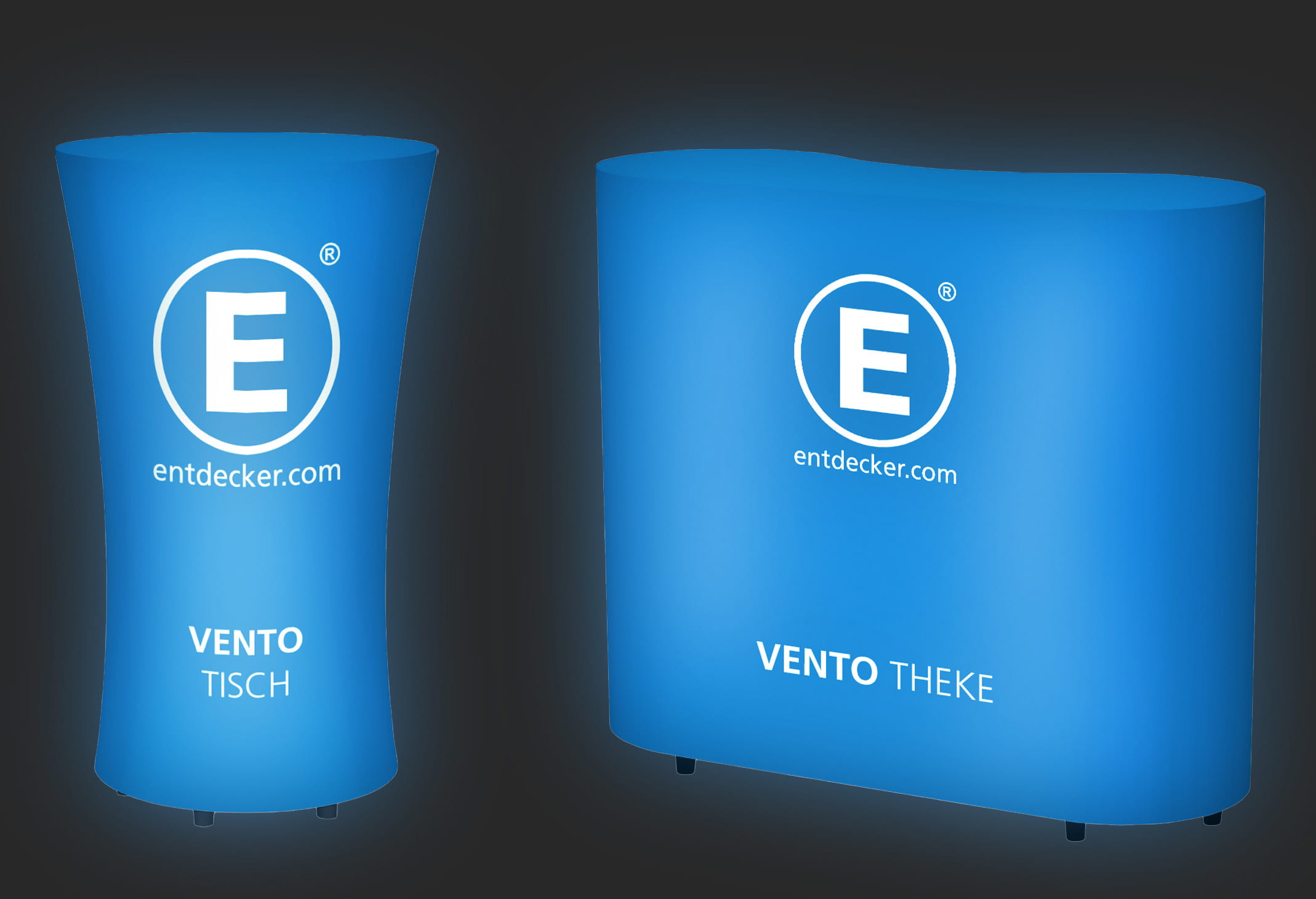 Leuchtende Vento Tisch und Theke von ENTDECKER in Blau mit Logo.