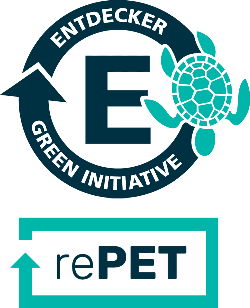 Logo der 'Entdecker Green Initiative' mit einer Schildkröte und dem Schriftzug 'rePET'.
