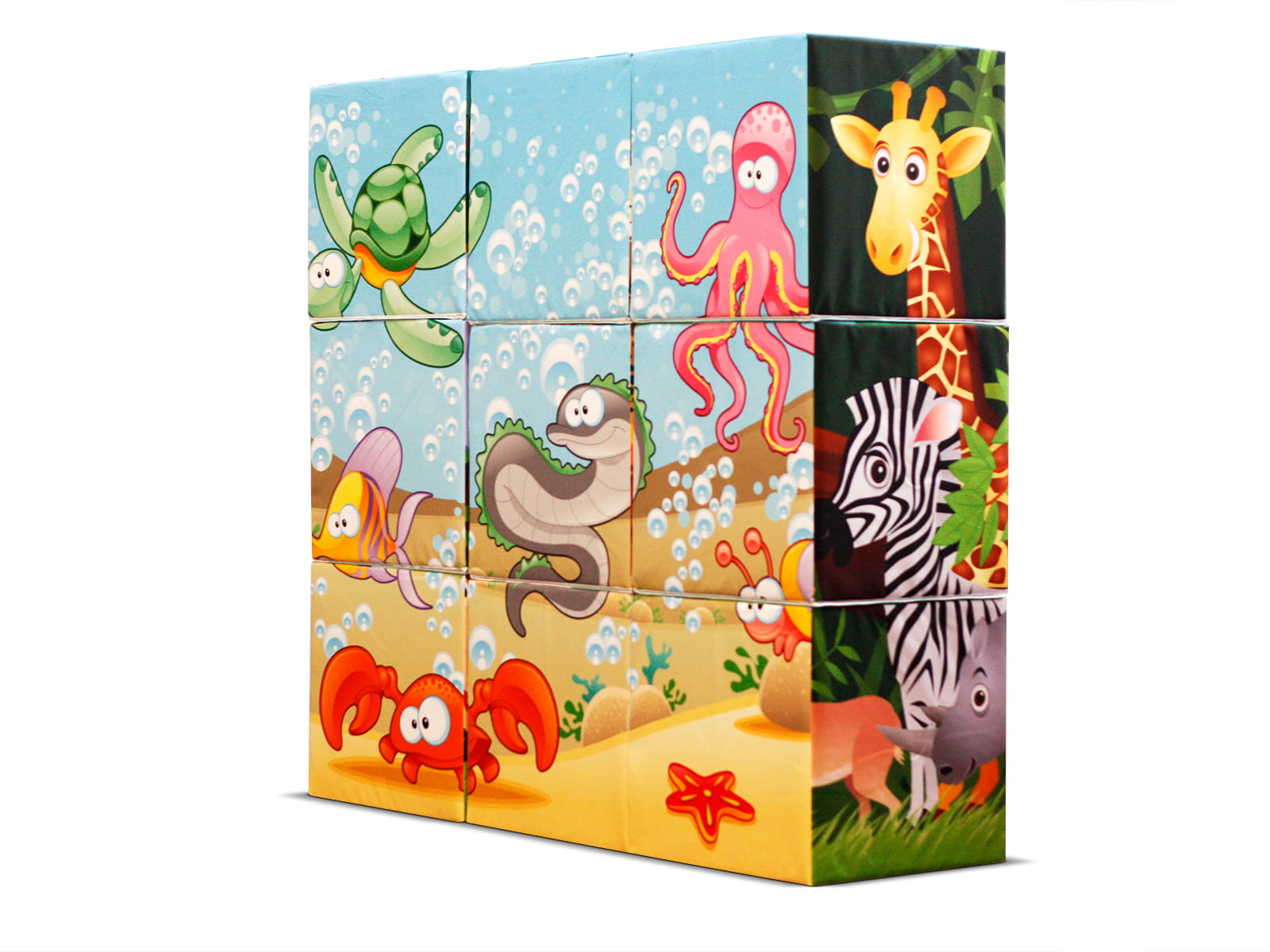 Sitzwürfel Puzzle Kindergarten von ENTDECKER mit bunten Tiermotiven wie Schildkröte, Oktopus und Giraffe.