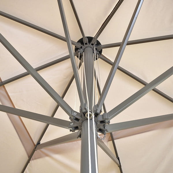 Unteransicht des Sonnenschirms 'Expert Konstruktion' mit sichtbarem Gestell und Seilmechanismus.