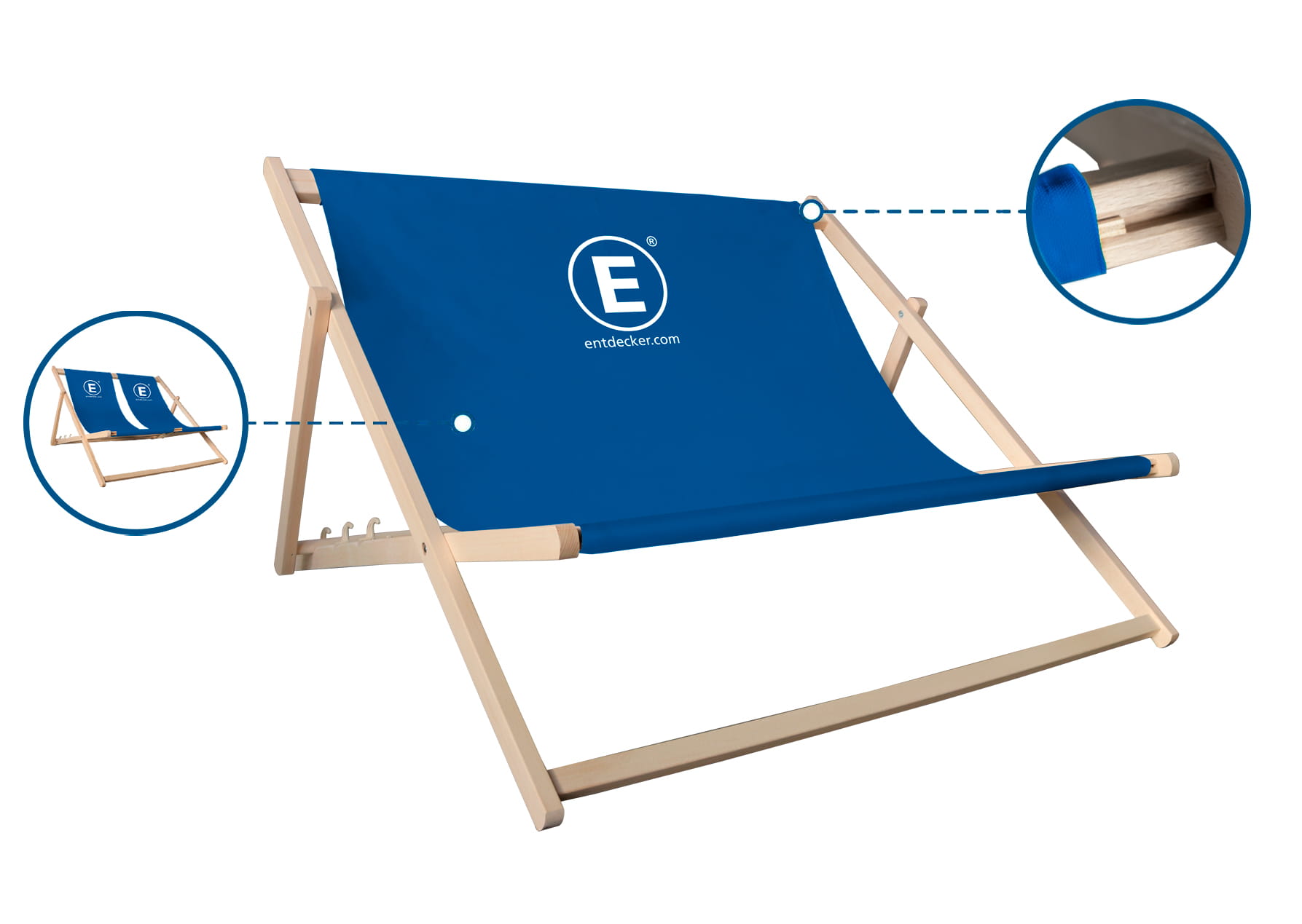 Detailansicht des Liegestuhls Sd Doppelliege von ENTDECKER mit blauer Liegefläche und Holzrahmen.